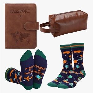 3pc Travel Set with Brown Passport Holder and Fun Socks